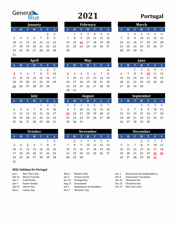 2021 Portugal Holiday Calendar