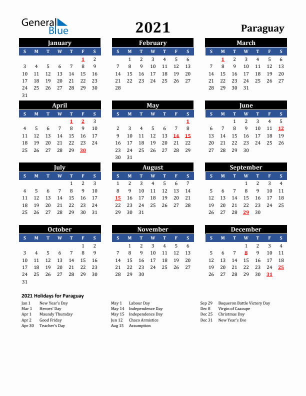 2021 Paraguay Holiday Calendar