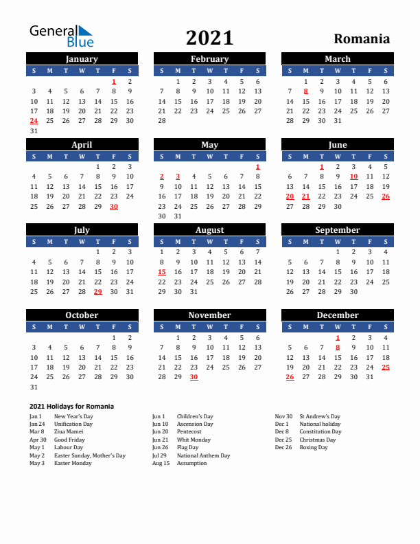 2021 Romania Holiday Calendar