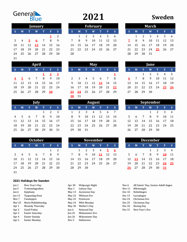 2021 Sweden Holiday Calendar