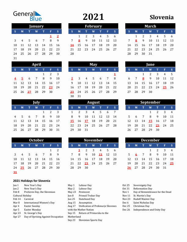 2021 Slovenia Holiday Calendar