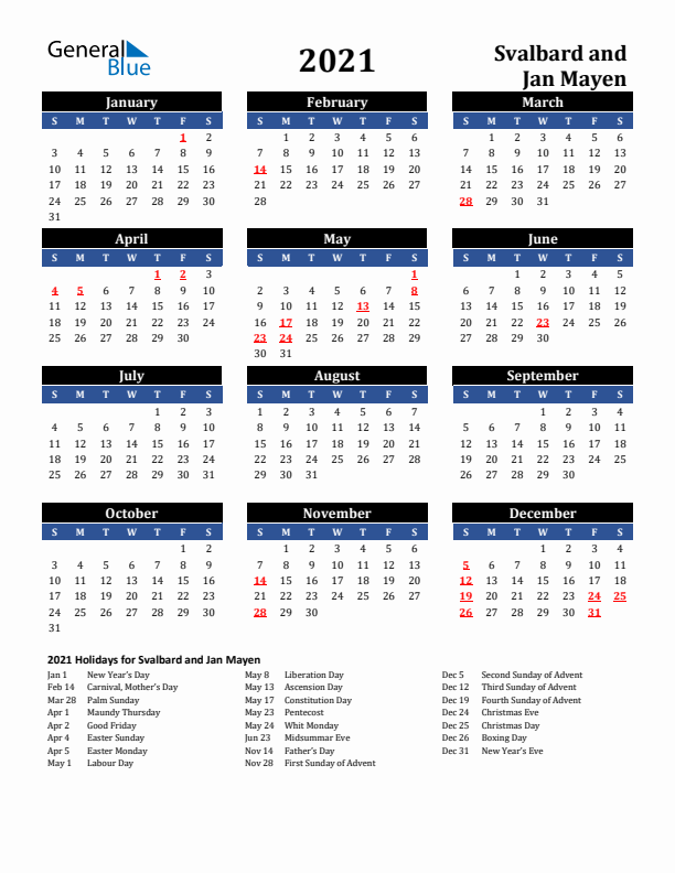 2021 Svalbard and Jan Mayen Holiday Calendar