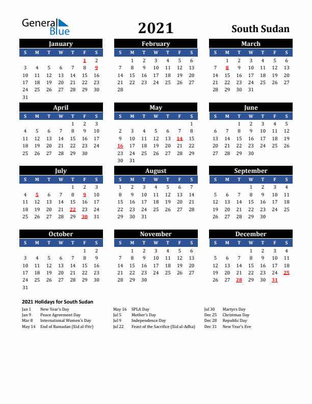 2021 South Sudan Holiday Calendar