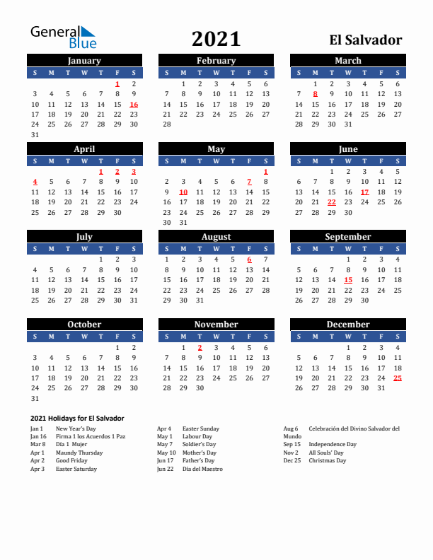 2021 El Salvador Holiday Calendar