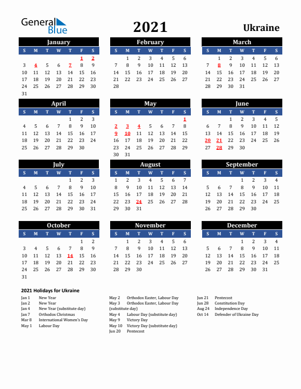 2021 Ukraine Holiday Calendar