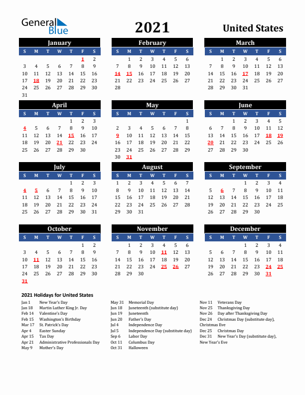 2021 United States Holiday Calendar