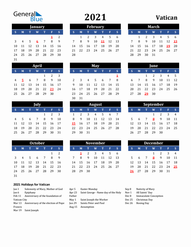 2021 Vatican Holiday Calendar