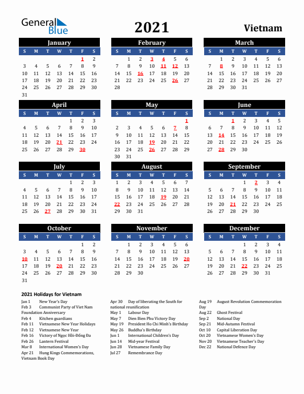 2021 Vietnam Holiday Calendar