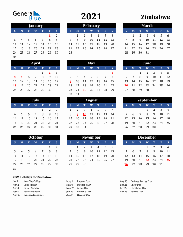 2021 Zimbabwe Holiday Calendar