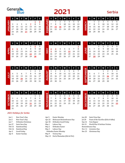 Download Serbia 2021 Calendar