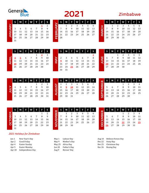 Download Zimbabwe 2021 Calendar