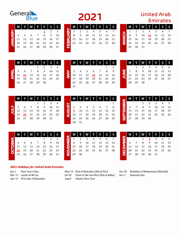 Download United Arab Emirates 2021 Calendar - Monday Start