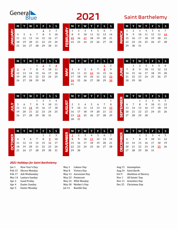 Download Saint Barthelemy 2021 Calendar - Monday Start