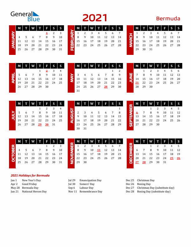 Download Bermuda 2021 Calendar - Monday Start