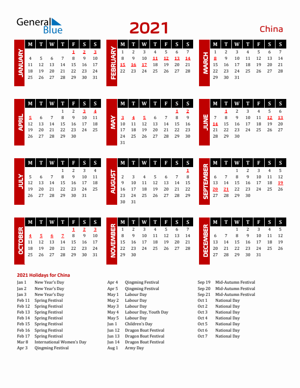 Download China 2021 Calendar - Monday Start