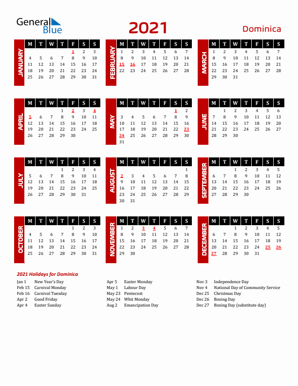 Download Dominica 2021 Calendar - Monday Start