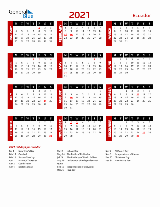 Download Ecuador 2021 Calendar - Monday Start