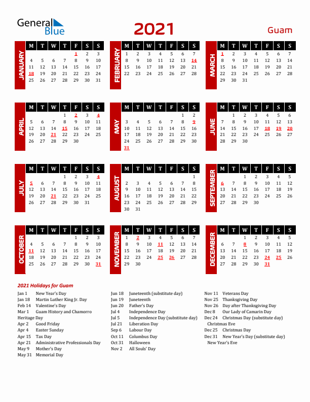 Download Guam 2021 Calendar - Monday Start
