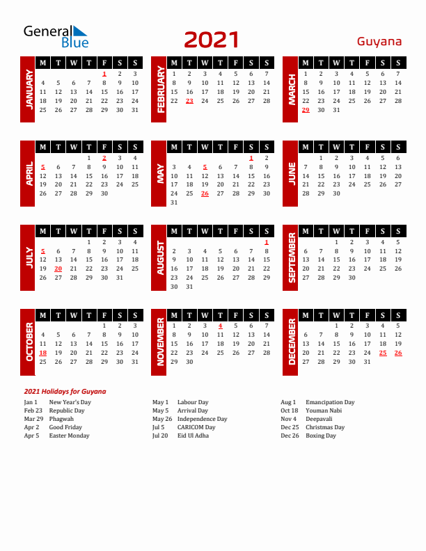 Download Guyana 2021 Calendar - Monday Start