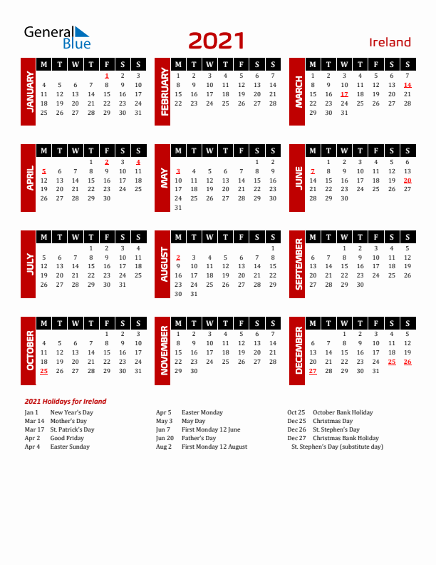 Download Ireland 2021 Calendar - Monday Start