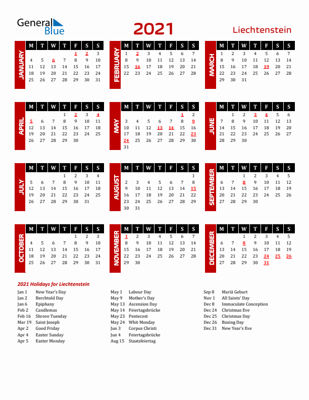 Download Liechtenstein 2021 Calendar - Monday Start