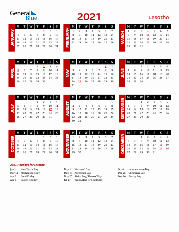 Download Lesotho 2021 Calendar - Monday Start