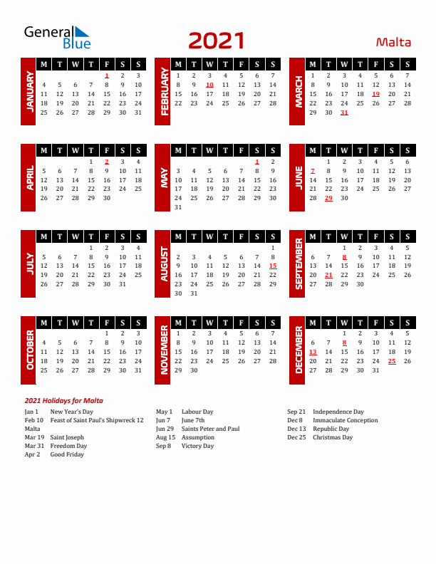 Download Malta 2021 Calendar - Monday Start