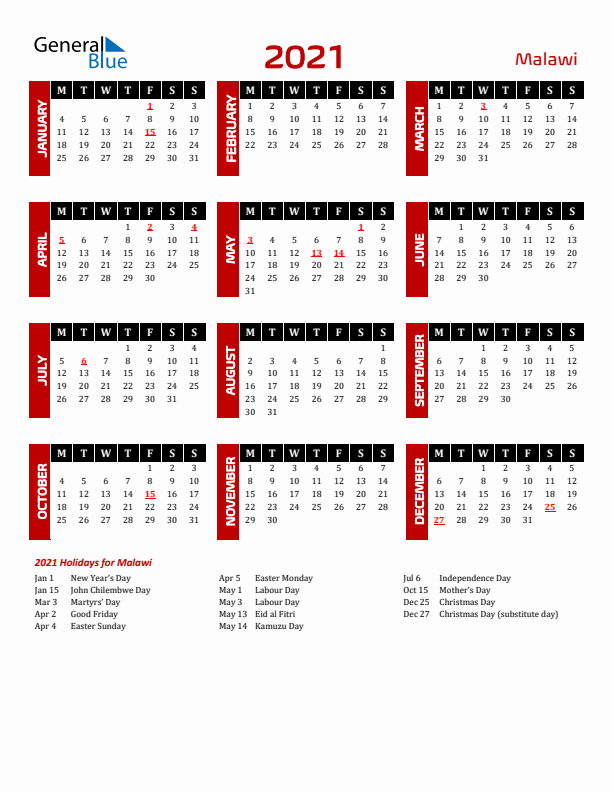 Download Malawi 2021 Calendar - Monday Start