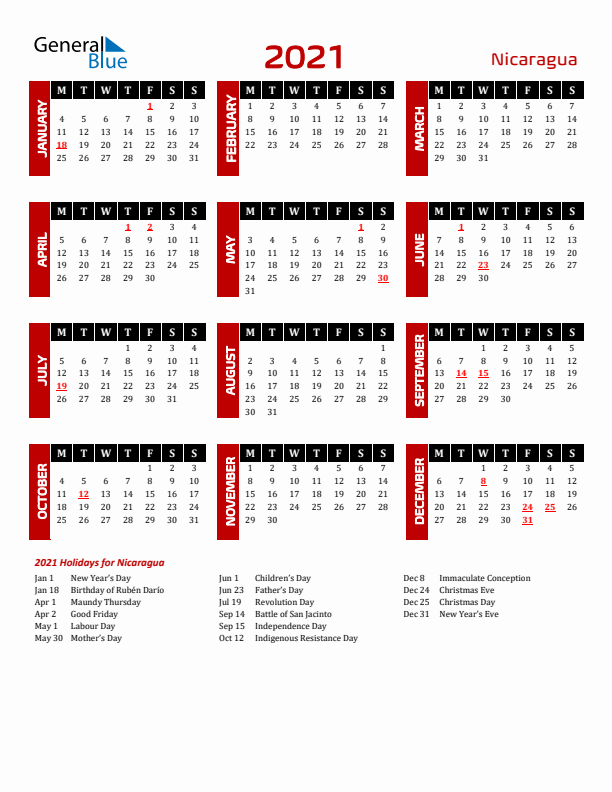 Download Nicaragua 2021 Calendar - Monday Start