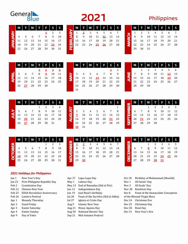 Download Philippines 2021 Calendar - Monday Start