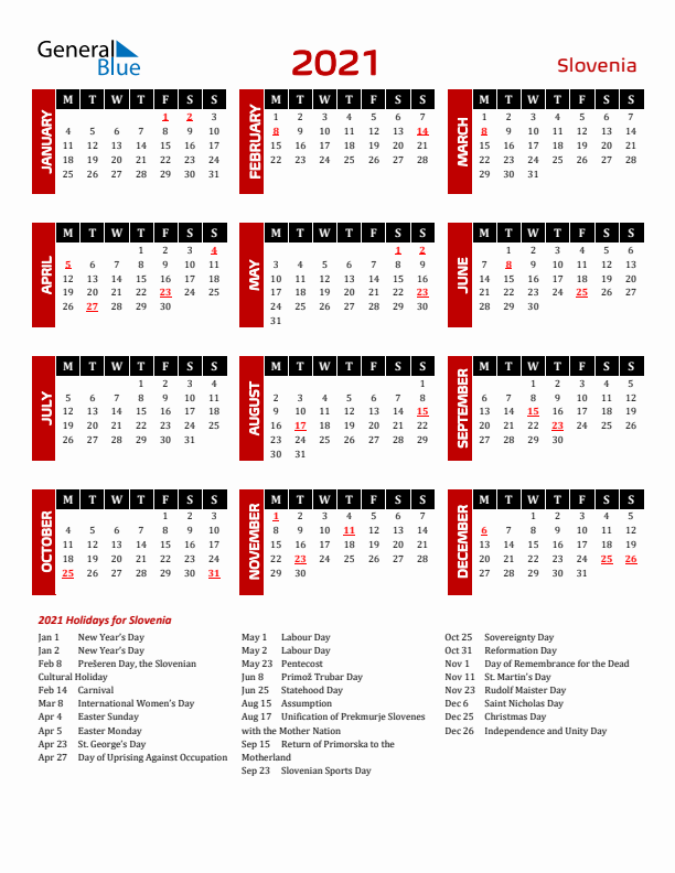 Download Slovenia 2021 Calendar - Monday Start