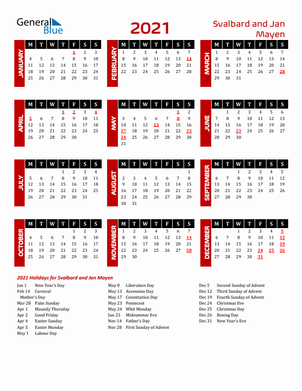 Download Svalbard and Jan Mayen 2021 Calendar - Monday Start