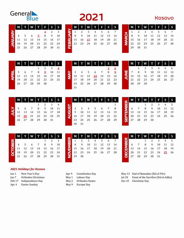Download Kosovo 2021 Calendar - Monday Start