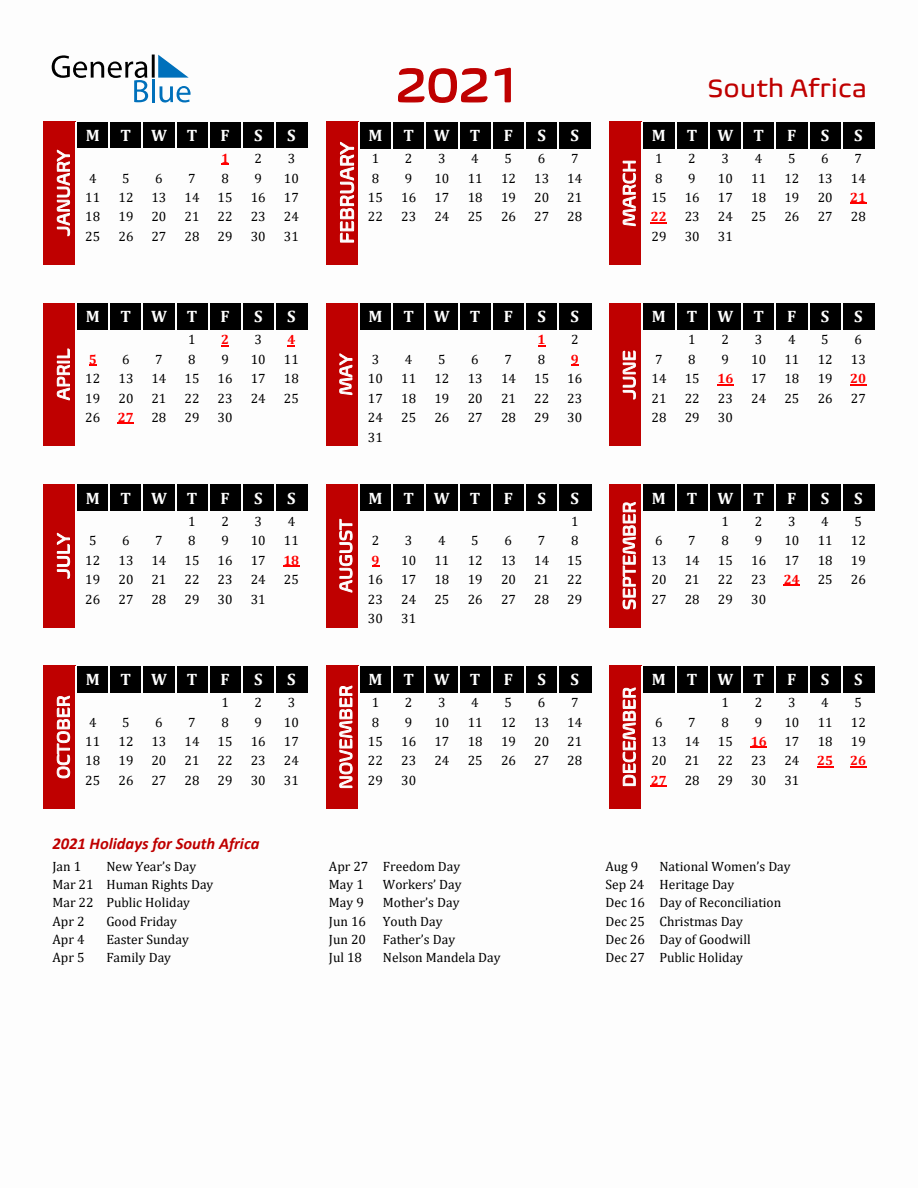 South Africa 2021 Yearly Calendar Downloadable