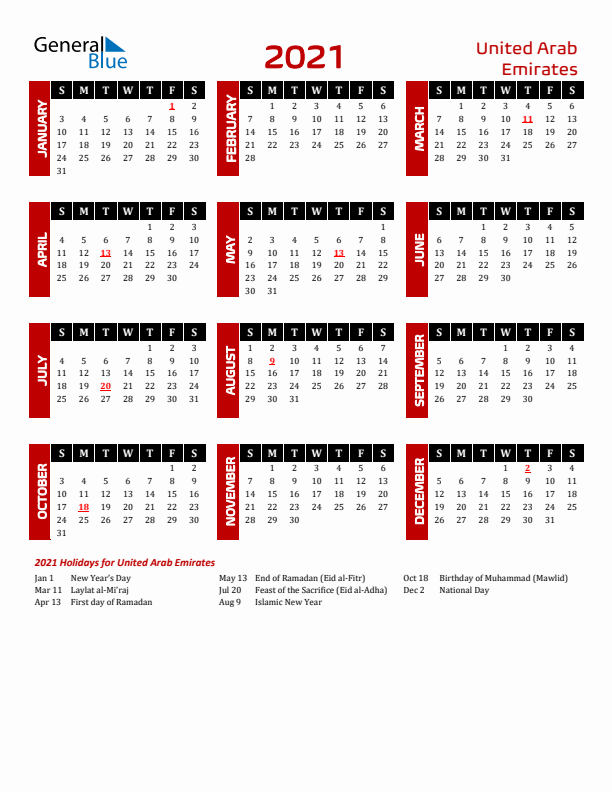 Download United Arab Emirates 2021 Calendar - Sunday Start
