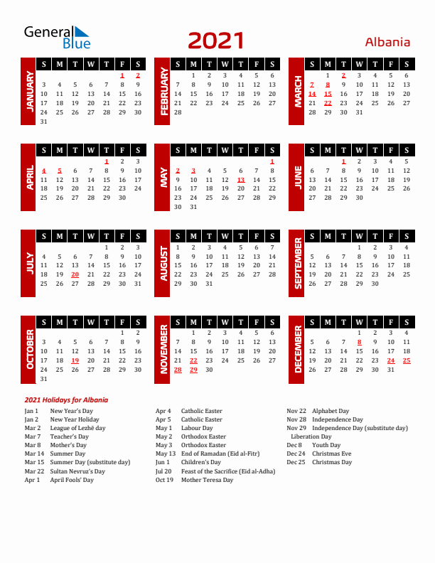 Download Albania 2021 Calendar - Sunday Start