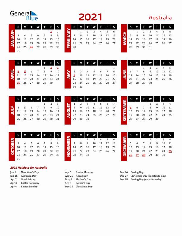 Download Australia 2021 Calendar - Sunday Start