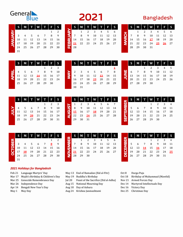 Download Bangladesh 2021 Calendar - Sunday Start