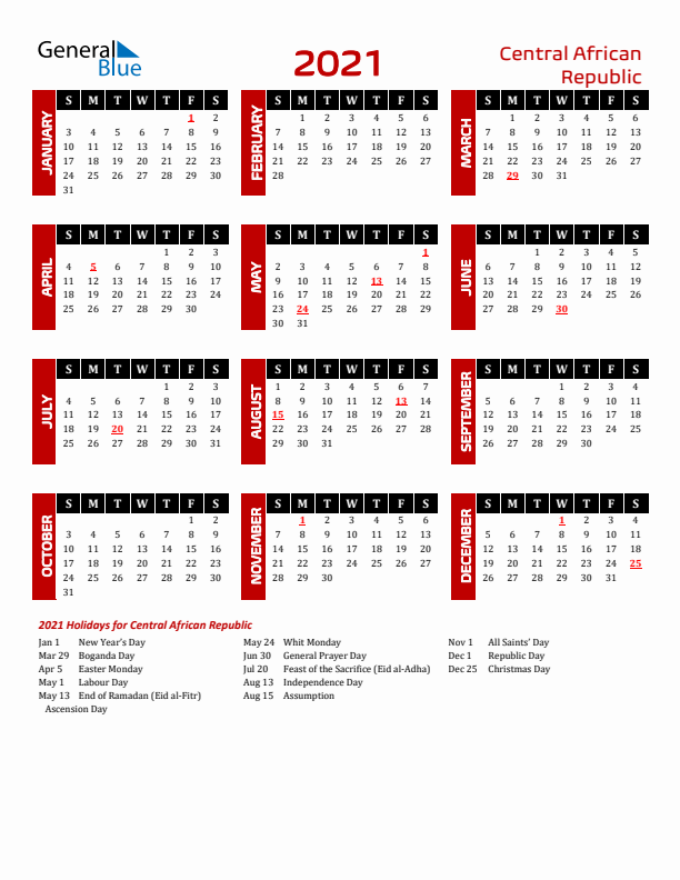 Download Central African Republic 2021 Calendar - Sunday Start