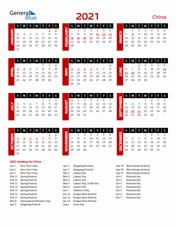 Download China 2021 Calendar - Sunday Start