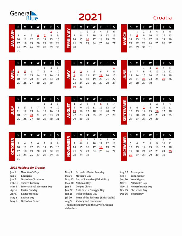 Download Croatia 2021 Calendar - Sunday Start