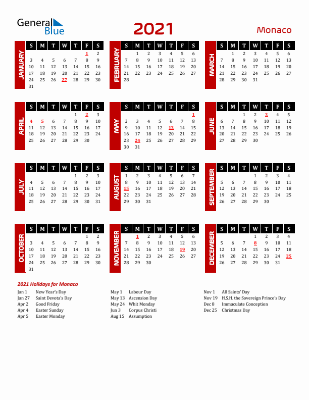 Download Monaco 2021 Calendar - Sunday Start