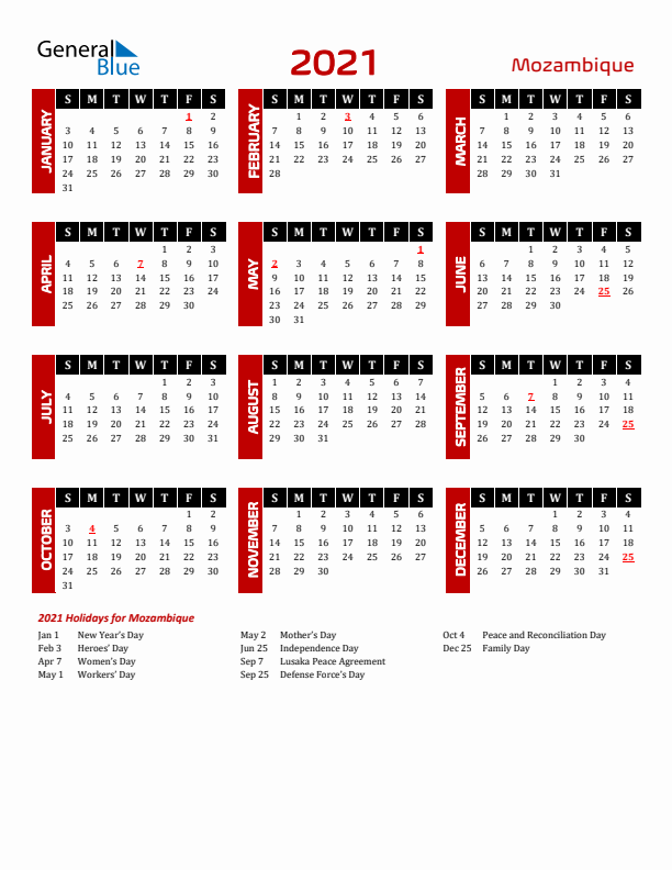 Download Mozambique 2021 Calendar - Sunday Start