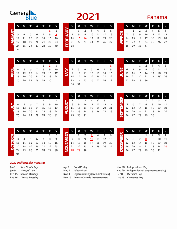 Download Panama 2021 Calendar - Sunday Start
