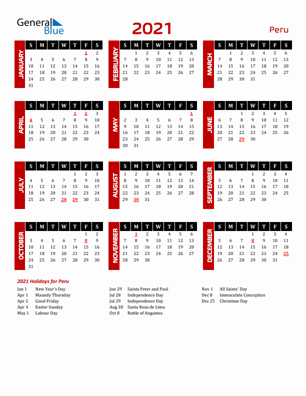 Download Peru 2021 Calendar - Sunday Start