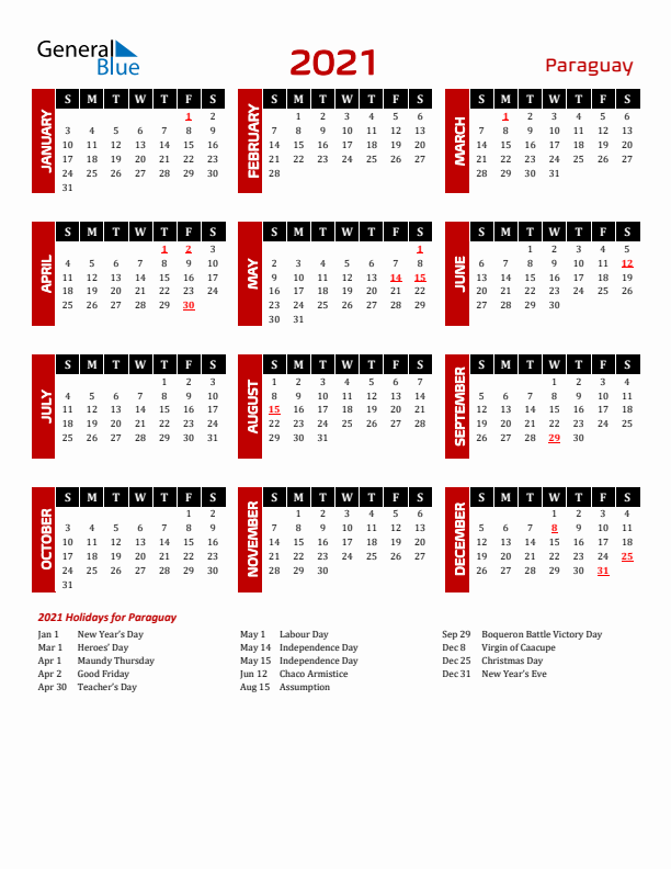 Download Paraguay 2021 Calendar - Sunday Start