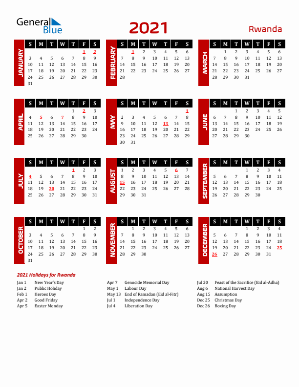 Download Rwanda 2021 Calendar - Sunday Start