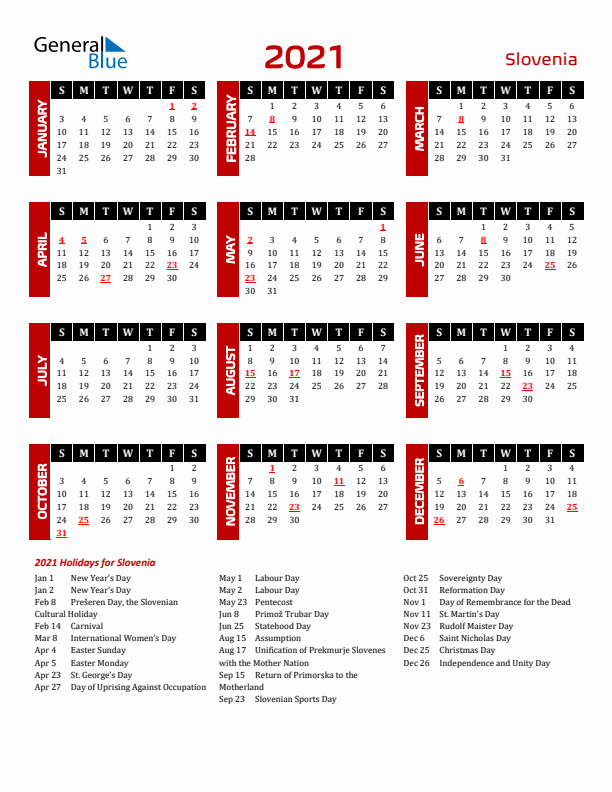Download Slovenia 2021 Calendar - Sunday Start
