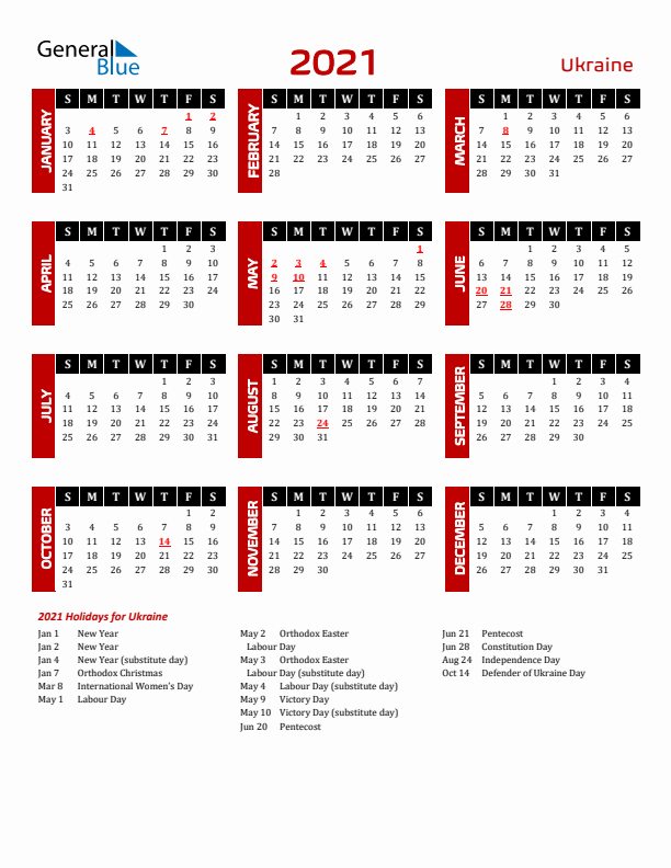 Download Ukraine 2021 Calendar - Sunday Start