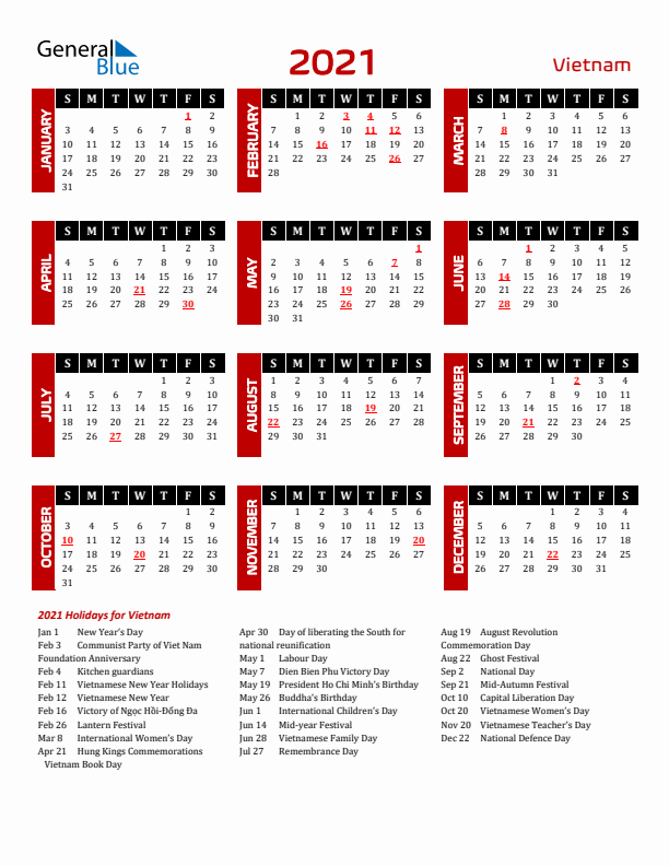 Download Vietnam 2021 Calendar - Sunday Start